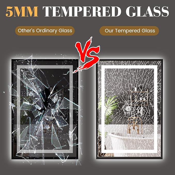 LED Bathroom Mirror,28"x36" Mirror with Black Frame, Front Light and Backlit, Stepless Dimmable, Anti-Fog, Shatter-Proof, Memory, 3 Colors, Double LED Vanity Mirror