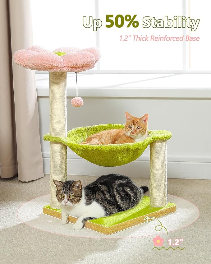 Flower Cat Tree, 28" Cat Tower with Cozy Flower Perch, Large Hammock for Indoor Small Cats, Cute Cat Tree with Sisal Scratching Post and Fur Toy Ball for Kittens, Pink-Mewly Pet