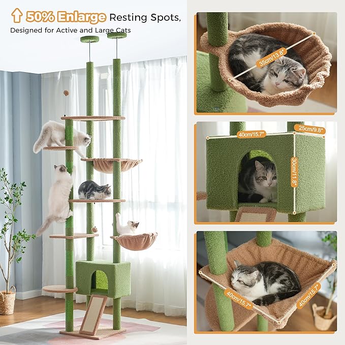 Floor to Ceiling Cat Tree Tall Cat Tower with Adjustable Height (81.8-108 Inches) with Fully Scratching Post Private Condo and Hammock for Indoor Cats (Green, Triple Dule Posts)-Mewly Pet