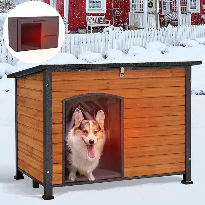 GUTINNEEN Large Insulated Dog House for Winter Outdoor Dog Kennel with Anti-Chewing Metal Frame for Medium to Large Dogs, Brown Color-Mewly Pet