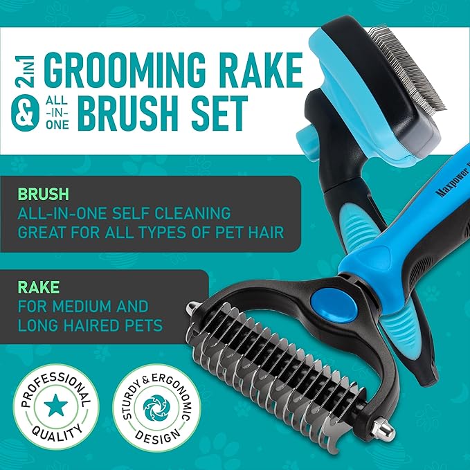 Maxpower Planet Dog Rake and Dog Hair Brush - Gently Removes Loose Undercoat, Mats and Tangled - Deshedding Grooming Tool for Dogs & Cats - Self Cleaning Slicker Brush - All Hair Types-Mewly Pet