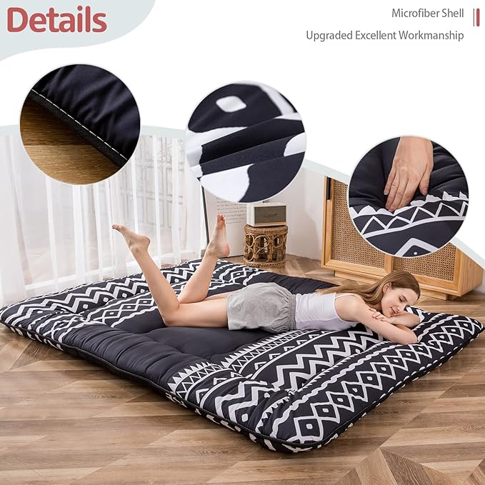 MAXYOYO Japanese Floor Futon Mattress - Thicken Sleeping Pad, Roll Up Floor Lounger Bed, Camping and Guest Room Pad, Thick Soft and Comfortable, Black Stripe, Queen Size