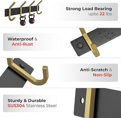 Coat Rack Wall Mount – Black and Gold Hook Rail with 4 Double Coat Hooks, 12 Inch Stainless Steel Wall Hooks for Entryway, Bathroom, Bedroom, Closet, Towel, Hat, Bag, Heavy Duty Organizer