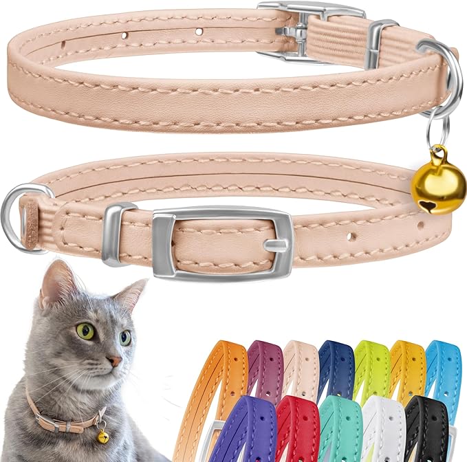 CollarDirect Leather Cat Collar with Bell - Kitten Small and Big Cat Collar for Boy Cats, Girl Cats with Safety Elastic Strap (Neck Fit 6"-7", Beige)-Mewly Pet