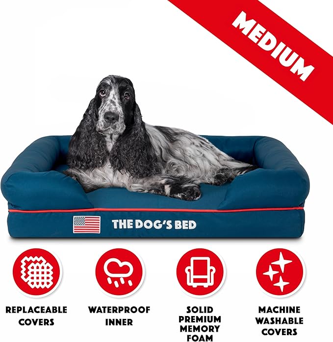 The Dog’s Bed, Medium Blue Oxford with Red Trim USA Flag Dog Bed 30x23.5, Memory Foam, Pain Relief, Post Surgery, Lameness, Supportive, Calming, Waterproof Washable Cover Cover, Veterinary Approved-Mewly Pet