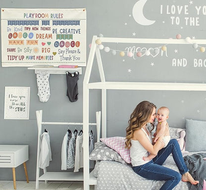 Sioial Playroom Kids Toddler Room Wall Decor, Play Room Rules Wall Decor for Kids Play Game Room Bedroom Nursery Home School Playroom Essentials,Canvas Hanging Banner Poster 28.5x20 Inch