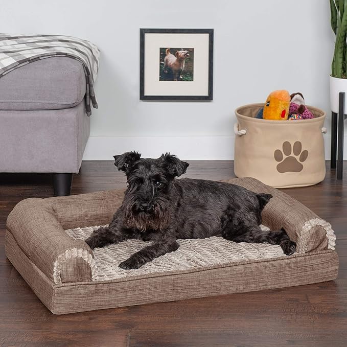 Furhaven Cooling Gel Dog Bed for Medium/Small Dogs w/ Removable Bolsters & Washable Cover, For Dogs Up to 35 lbs - Luxe Faux Fur & Performance Linen Sofa - Woodsmoke, Medium-Mewly Pet