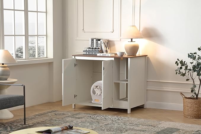 Cat-Faced Doors Cat Litter Robot Enclosure,Automatic Litter Box Enclosure for Litter Robot 3/4,Power Outlet for cat Litter Cabinet,Litter Collector,Dog-Proof Shelf,Antique White-Mewly Pet