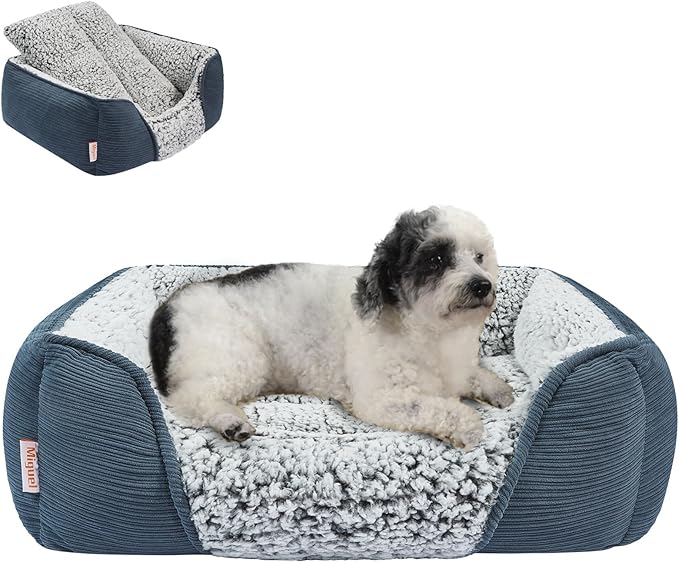 Miguel Washable Dog Bed for Medium Small Dogs, Calming Cuddle Cat Sofa Bed with High Sides, Rectangle Cat Beds for Indoor Cats Dog Bed with Anti-Slip Bottom, Blue 25 Inch-Mewly Pet