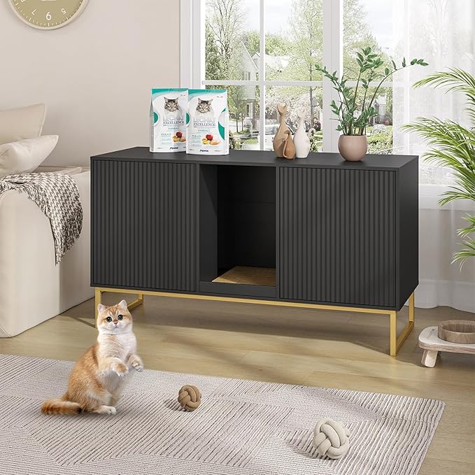 Litter Box Enclosure for 2 Cats, Fluted Hidden Cat Litter Box Furniture with Scratch Pad and Metal Legs, Modern Double Room Kitty House for Living Room, Washroom, 47.2”L x 17.7”W x 25.9”H, Black-Mewly Pet
