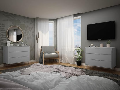 Manhattan Comfort Rockefeller 3 Drawer Dresser for Bedroom Storage, Nursery, Closet, Living Room, Entryway, TV Stand for Screens up to 32 Inches, Anti-Tip Kit Included, Set of 2, White