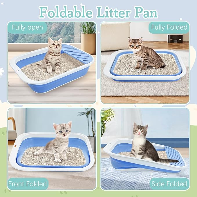 Fhiny Cat Litter Box Portable Shallow Litter Box 17.7"x13.4"x4.9" Foldable Cat Toilet with Scoop Open Kitty Potty Pan with Litter Drop Pedal Easy to Clean Travel Kitten Toilet(Blue)-Mewly Pet