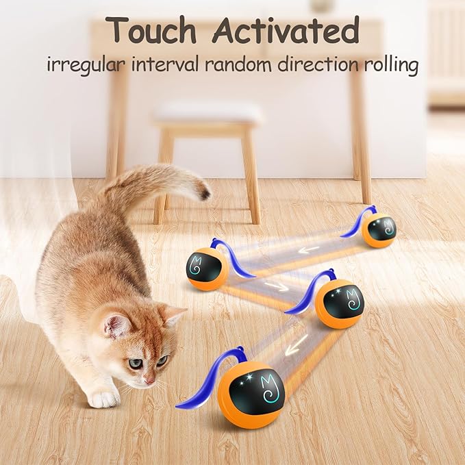 Migipaws Interactive Cat Ball Toy Set, Fun Tracker, Glowing Chase Ball with MystiChaser Pouch, Fluffy Tail, A Small Mice (Orange)-Mewly Pet