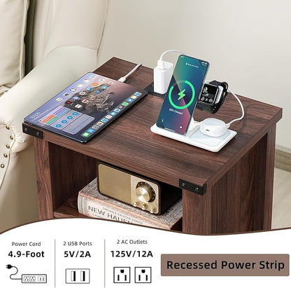 Night Stand, 18 Inch Farmhouse Nightstand with with Charging Station and USB Port, Rustic Couch End Table with Magnetic Door, Wood Bed Side Tables for Bedroom, Home, Brown Walnut