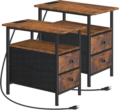 HOOBRO End Table with Charging Station, Set of 2 Narrow Side Tables, Nightstand with 2 Non-Woven Drawers, Slim Sofa Table, for Small Spaces, Living Room, Bedroom, Rustic Brown and Black BF486UBZP201