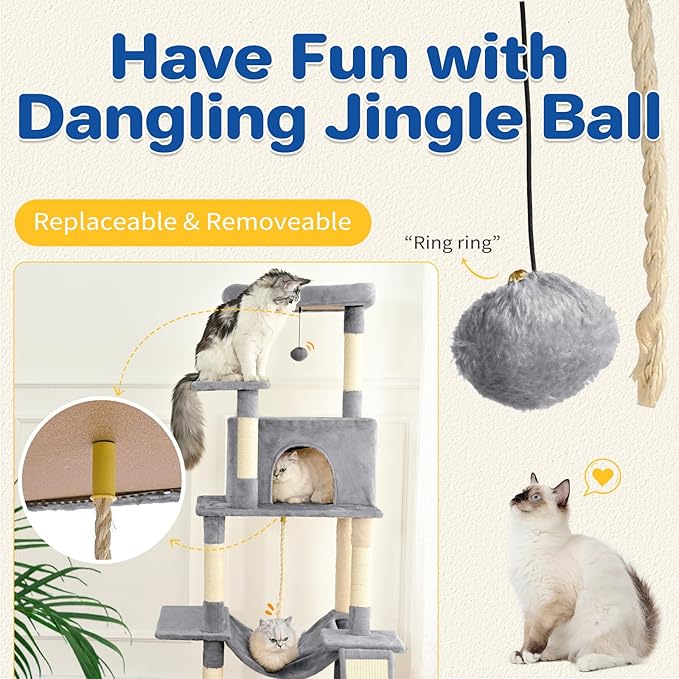 Cat Tree Tower 63in Multi-Level Cat Tower for Indoor Cats with Sisal Scratching Posts, Condo, Hammock, Dangling Ball and Extended Platform for Cats to Play, Light Grey-Mewly Pet