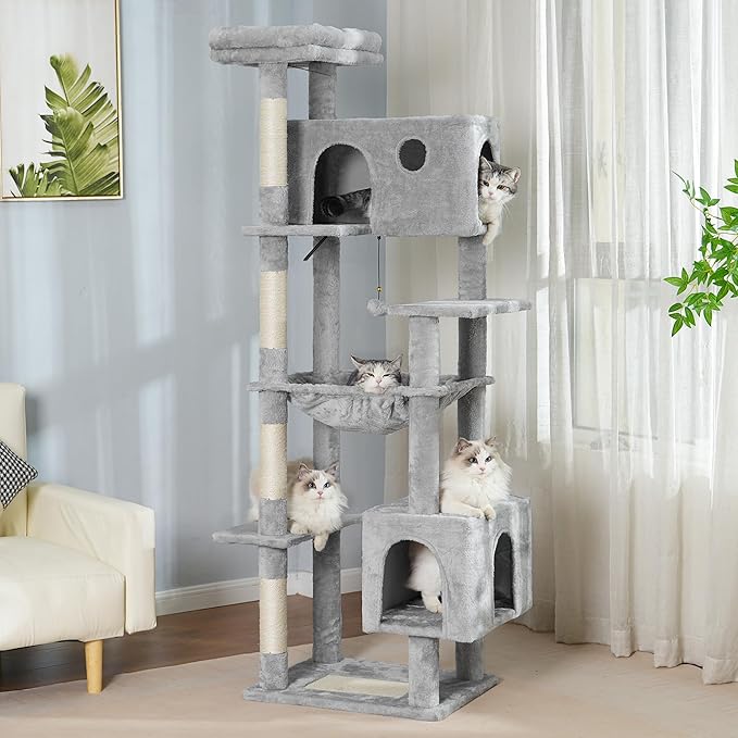 72” Cat Tree for Large Cats Big Cat Tower with Enlarged Hammock 21.6x17.7” Spacious Cats Condo House and Roomy Top Bed and Multiple Scratch Posts for Indoor Adult Cats (Grey, XLarge-72)-Mewly Pet