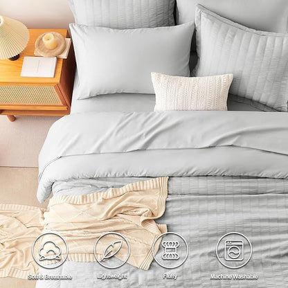CozyLux Queen Comforter Set Light Grey Seersucker 7 Pieces Bed in a Bag Queen Comforter Set with Sheets Luxury Soft Bedding Set with Down Alternative Comforter, Sheets, Pillowcases & Shams All Seasons