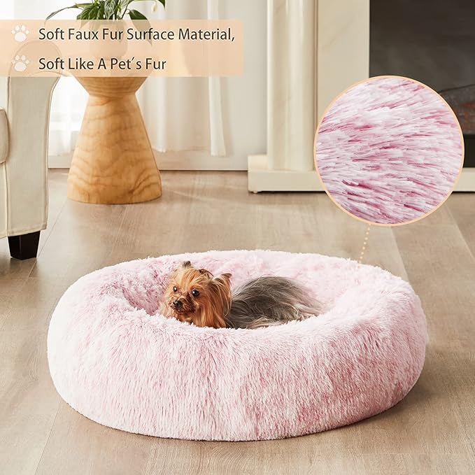 WNPETHOME Calming Dog Bed Cat Bed Donut, Faux Fur Pet Bed Self-Warming Donut Cuddler, Comfortable Round Plush Dog Beds (30 x 30 x 10 Inch, Light Pink)-Mewly Pet