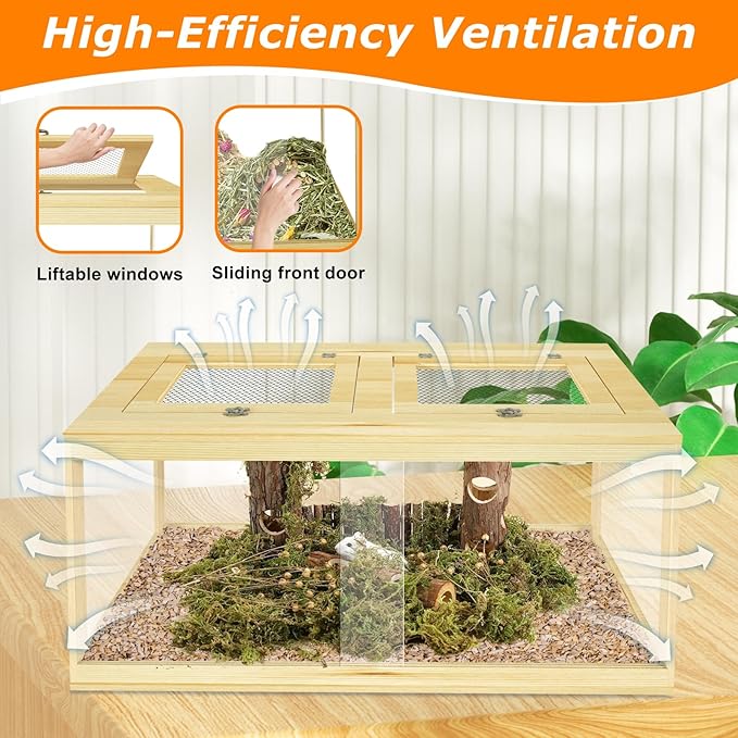 32" Hamster Habitat Enclosure, Lockable Sliding Door Gerbil Cage, Dwarf Hamster Cage with Metal Mesh Roof, Chewproof Syrian Hamster Cage for Mice, Small Animal, (Wooden, 32" L x 16" W x 16" H)-Mewly Pet