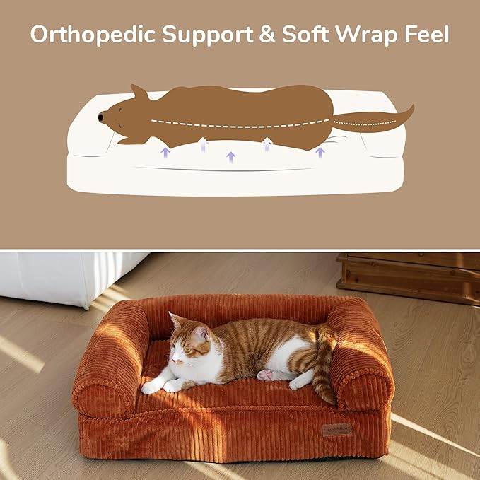 FUKUMARU Dog Couch Bed, Corduroy Cozy Cat Bed for Indoor Cats with Washable Cover, Supportive Waterproof Dog Beds Sofa for Small Dogs and Large Cats Cute, 28inch, Medium, Orange-Mewly Pet