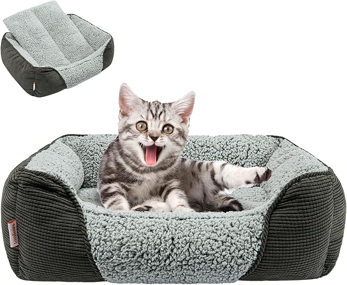 Miguel Washable Cat Bed for Indoor Cats With Removable Cushion, Easy to Wash Small Pet Sofa With Side, Rectangle Bolster Kitten Calming Cuddle Puppy Bed, Anti-Slip Bottom, Gray 18 Inch-Mewly Pet