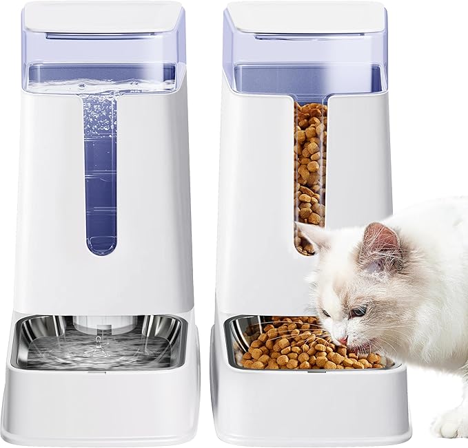 Automatic Cat Feeder and Cat Water Dispenser Set with Stainless Steel Bowls Gravity Dog Feeder for Small Medium Big Dog Pets Puppy Kitten, 3.8L x 2-Mewly Pet