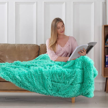 Tuddrom Decorative Extra Soft Faux Fur Throw Blanket 70"x78",Solid Reversible Fuzzy Lightweight Long Hair Shaggy Blanket,Fluffy Cozy Plush Fleece Comfy Microfiber Blanket for Couch Sofa Bed,Teal Blue