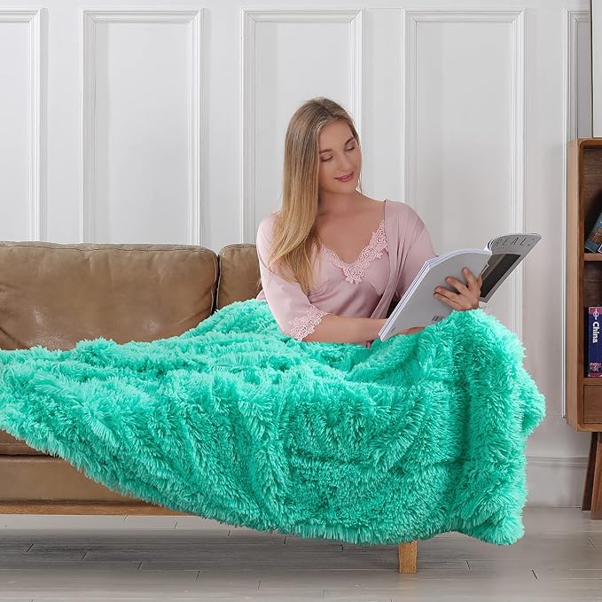 Tuddrom Decorative Extra Soft Faux Fur Blanket Queen Size 80" x 90",Solid Reversible Fuzzy Fluffy Plush Fleece Comfy Microfiber Fur Blanket for Couch Sofa Bed,Teal Blue