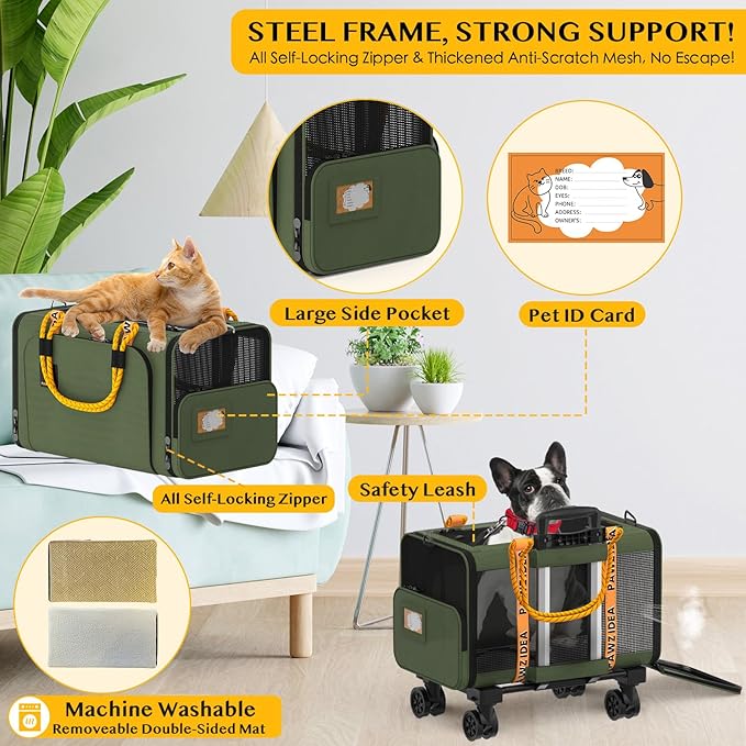 PAWZIDEA Expandable Pet Carrier with Wheels, 18X11X11 TSA Airline Approved Cat Carrier w/ID Card for 2 Cats, Small Dog Carrier Car Seat Travel Bag, Max Weight Recommendation 18 lbs，Green-Mewly Pet