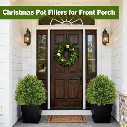 2 Pack 24”Artificial Topiary Ball Tree with Spike Soft Cypress Realistic Faux Cedar Pines Christmas Trees UV Rated Fake Shrubs for Christmas Pot Fillers Front Door Porch Indoor Outdoor Xmas Decor