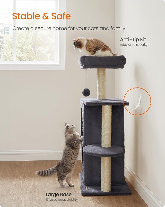 Feandrea Cat Tree Tower with 2 Caves for Multi-Cat Households, Kittens, Scratching Posts, Dark Gray UPCT005G02-Mewly Pet