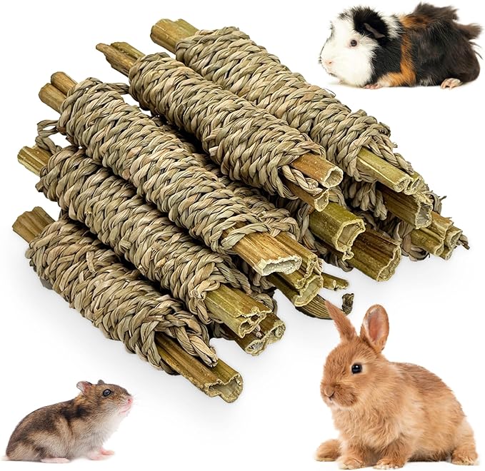 Fhiny 12 PCS Rabbit Chew Sticks, Natural Papaya Wood Seagrass Guinea Pig Chew Toys for Teeth Small Animal Molar Sticks Snacks for Bunny Guinea Pig Chinchilla Ferret Hamster Gerbil Dental Care-Mewly Pet