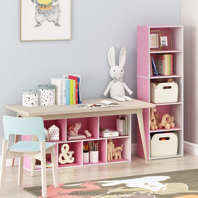 Furinno LUDER Book Shelf, 5-Tier Bookshelf, Bookcase, 9.4" x 15.8" x 52", for Living Room, Bedroom, Home Office, White/Pink