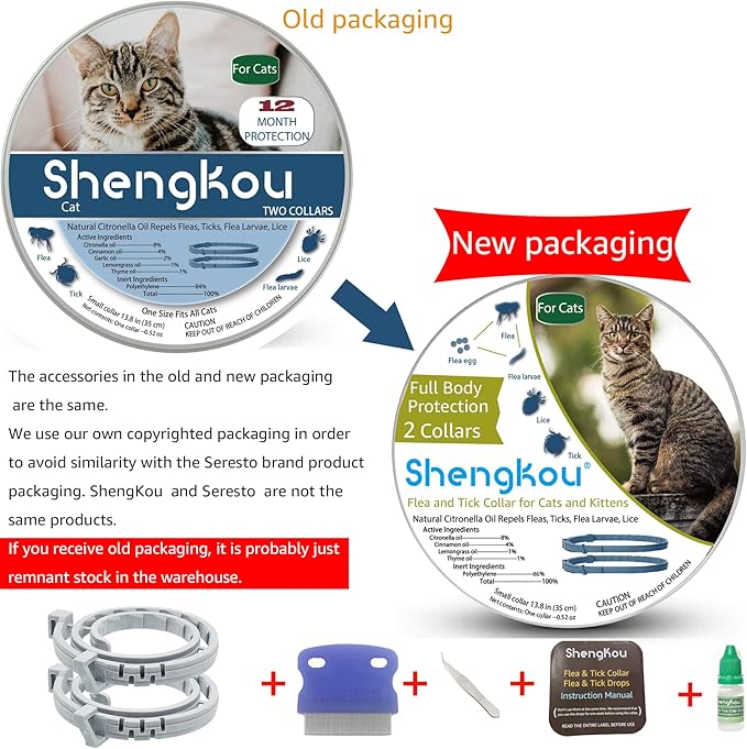 Flea and Tick Collar for Cats, Natural Plant-Based Ingredients for Treatment and Prevention, Safe and Waterproof, with Free Flea Comb, Tick Tweezer, and Treatment Prevention Drops, 13.8 in (2 Packs)-Mewly Pet