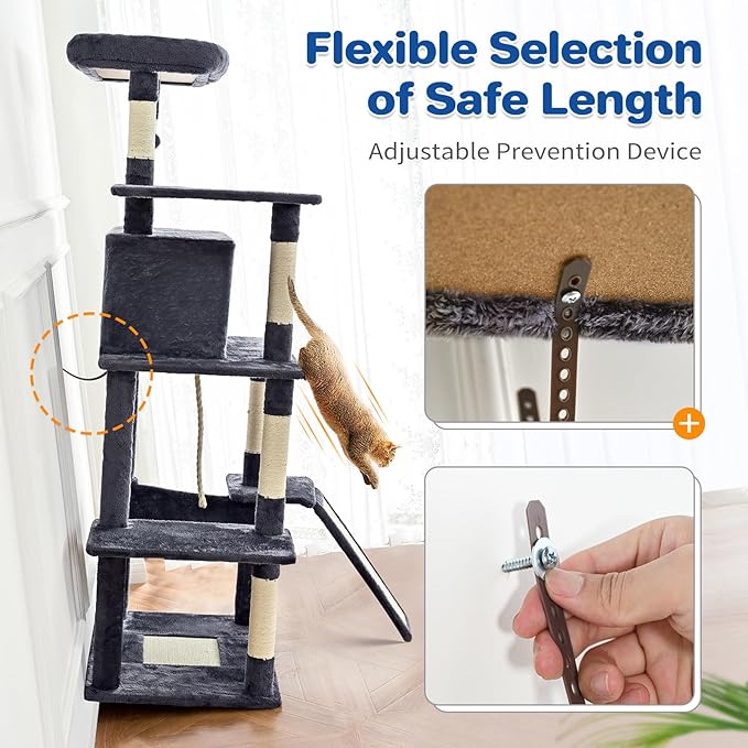 Cat Tree Tower 63in Multi-Level Cat Tower for Indoor Cats with Sisal Scratching Posts, Condo, Hammock, Dangling Ball and Extended Platform for Cats to Play, Light Grey-Mewly Pet