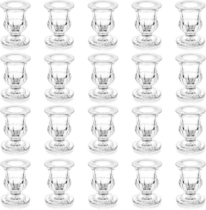 20 Pcs Glass Taper Candle Holders - Romadedi Clear Small Candlestick Holder Bulk, Thicker Glass Candle Sticks Set for Wedding Christmas Party Dining Table Table Centerpiece Decor
