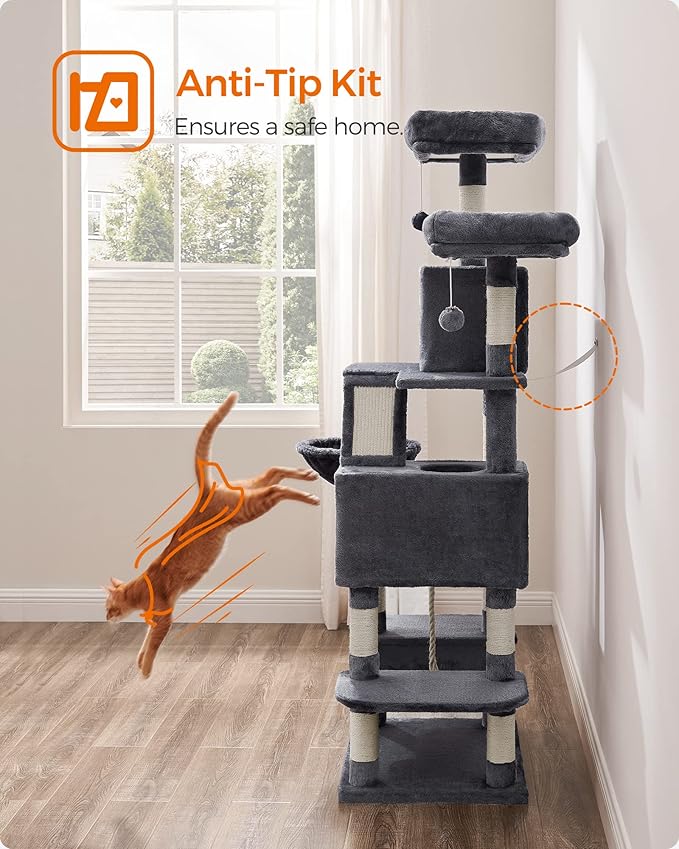 Feandrea Cat Tree, 66.1-Inch Large Cat Tower with 13 Scratching Posts, 2 Perches, 2 Caves, Basket, Hammock, Pompoms, Multi-Level Plush Cat Condo for Indoor Cats, Smoky Gray UPCT165G01-Mewly Pet