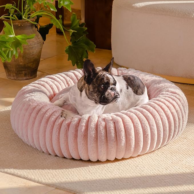 MEWOOFUN Donut Dog Beds for Small Dog, Calming Bed Round Cute Puppy Bed with Non-Slip Bottom, Fluffy Washable Pet Bed for Puppy and Kitten (Pink, M (30x30x8))-Mewly Pet
