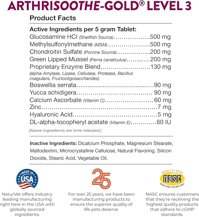 NaturVet – ArthriSoothe-GOLD – Level 3 Advanced Joint Care | Clinically Tested to Support Connective Tissue, Cartilage Health & Joint Movement | Enhanced with Glucosamine, MSM, Chondroitin & Green Lipped Mussel | For Dogs & Cats | 90 Chewable Tablets-Mewly Pet