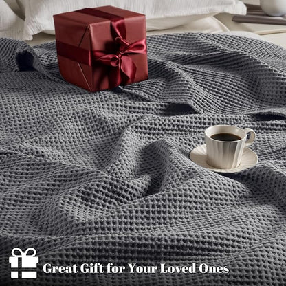 PHF 100% Cotton Waffle Weave Blanket Twin Size for Bed,Snag Proof Lightweight Breathable Moisture-Wicking Throw for Couch,Great for Layering in Cold Weather,Machine Washable,Home Decor Gift-Charcoal