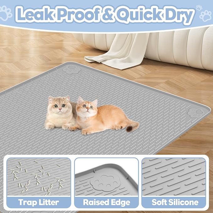 Cat Litter Mat, Extra Large 40" x 28" Silicone Mat Litter Trapping Mat for Scatter Control, Soft on Kitty Paws, Easy to Clean (Gray)-Mewly Pet