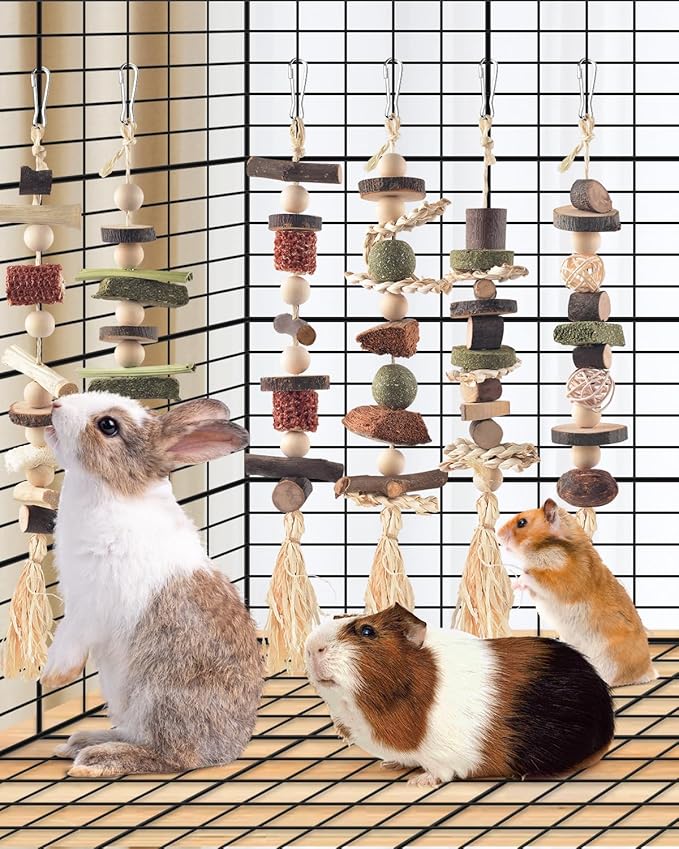 6PCS Bunny Chew Toys, Hamster Rabbit Cage Hanging Chew Toys, Natural Apple Wood Bunnies Treats, Improve Small Animal Teeth Health for Guinea Pig Chinchilla Ferret Rats Gerbil-Mewly Pet