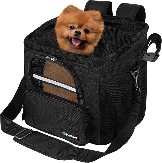 PetAmi Dog Bike Basket, Soft-Sided Ventilated Dog Bike Carrier Backpack, Pet Bicycle Basket for Bike Handlebar, Small Medium Puppy Cat Kitten Car Booster Seat with Safety Strap, Max 18 lbs, Black-Mewly Pet