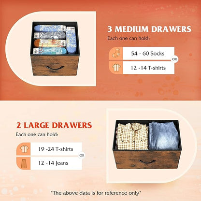 WLIVE Dresser for Bedroom with 5 Drawers, Long Fabric Dresser, Storage Drawer Unit with Fabric Bins for Closet, Hallway, Rustic Brown Wood Grain Print, Size L