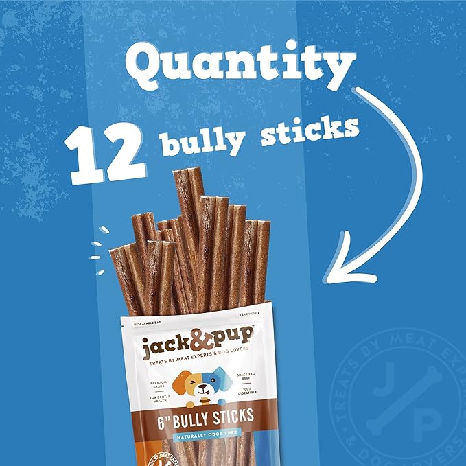 Jack&Pup 6-inch Pizzle Sticks for Dogs (12 Pack) All Natural Jumbo Bully Sticks | Long Lasting Bully Sticks for Medium Dogs-Mewly Pet