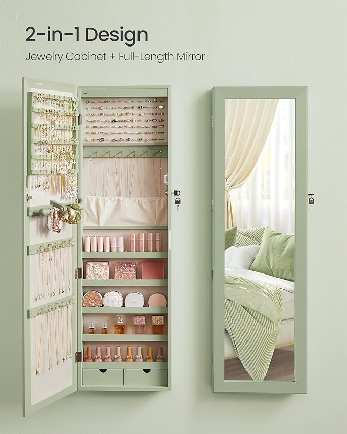 SONGMICS 6 LEDs Mirror Jewelry Cabinet, 47.2-Inch Tall Lockable Wall or Door Mounted Jewelry Armoire Organizer with Mirror, 2 Drawers, Christmas Gift, 3.9 x 14.6 x 47.2 Inches, Laurel Green