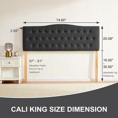 Tufted Upholstered Headboard California King, Sturdy and Durable Solid Wood Bed headboard, Fabric Headboard Adjustable Height from 37” to 51”, Button Diamond Design Head Board, Black