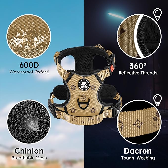 NESTROAD No Pull Dog Harness,Adjustable Oxford Dog Vest Harness with Leash,Reflective No-Choke Pet Harness with Easy Control Soft Handle for Large Dogs(Large,Light Brown)-Mewly Pet