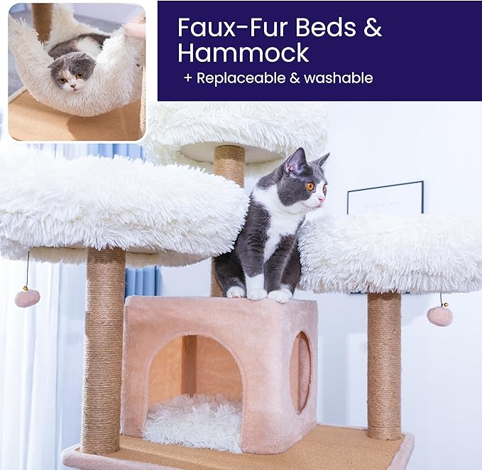Catry 74.5" High 7-Level Extra Large Cat Tree with 2 Condos,2 Hammock,3 Washable Top Beds, Scratching Ramp Pad, Replaceable Scratching Posts, for Multi-Cat Homes (Light Brown &White)-Mewly Pet